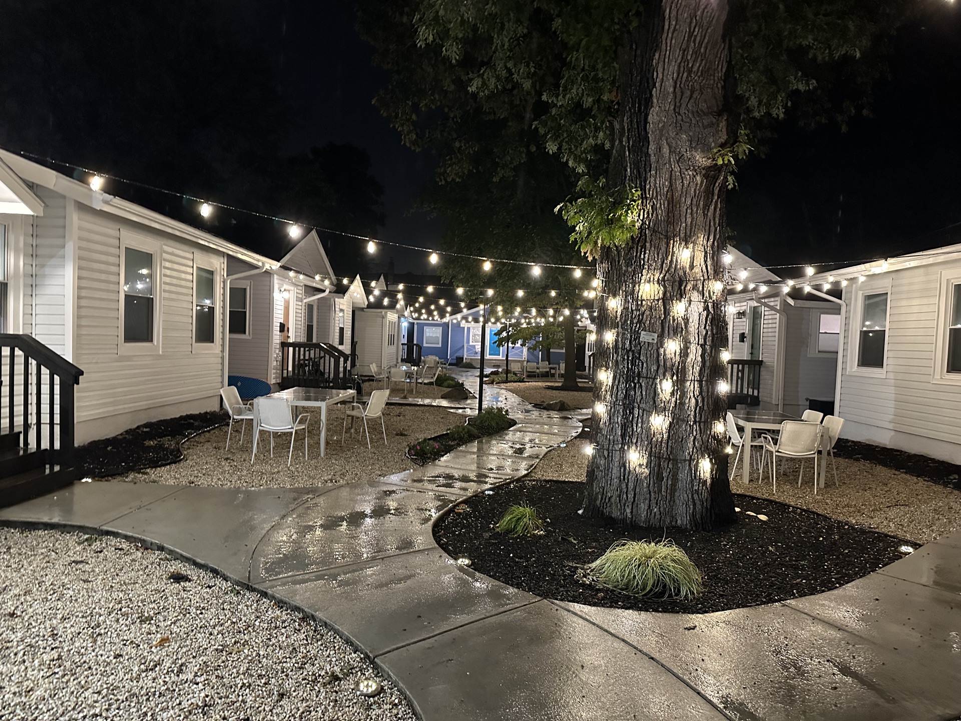 Surf Village courtyard at night